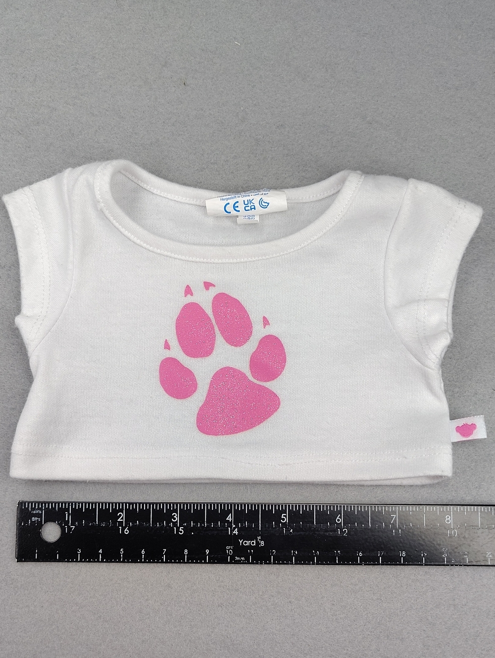 Build-A-Bear Official Product White Short Sleeve Tee with Pink Glitter Paw Print